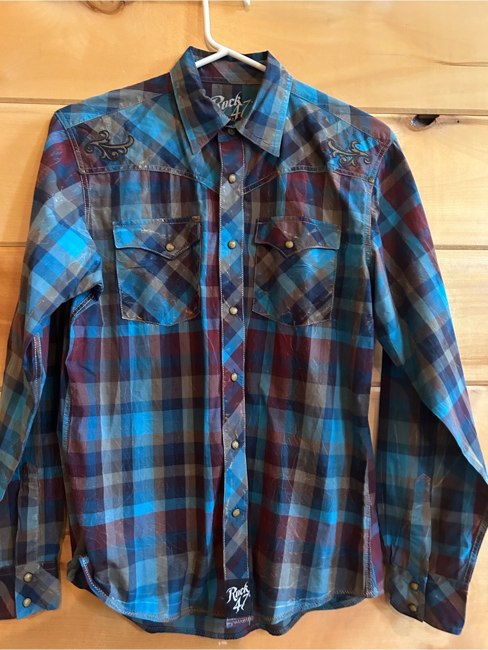 Rock 47 Wrangler Blue and Brown Plaid Western Button-Down Shirt boys size XL